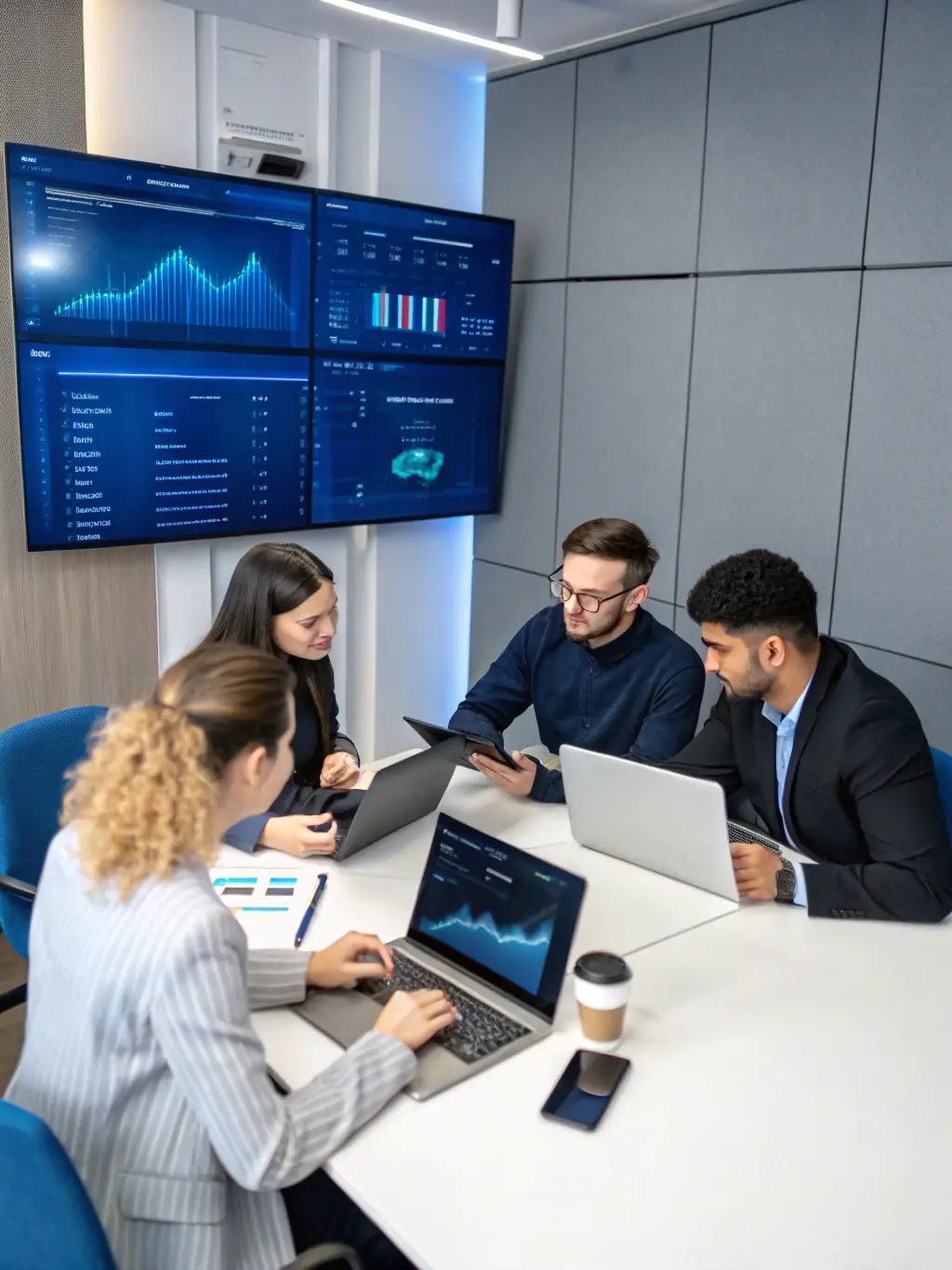 A team discussing AI solutions in a modern office setting.